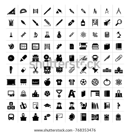 School items, stationary, lab equipment isolated flat vector icon set