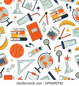 School items for study pattern in trendy style. Education background. Vector stock illustration