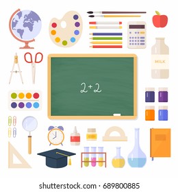 School items, supplies: schoolbook, school board, globe, paint, palette, magnifier, calculator isolated on white background. Concept education. Back to school. Vector illustration.