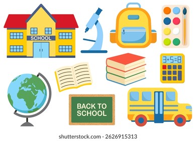 School items and tools. School concept vector elements.