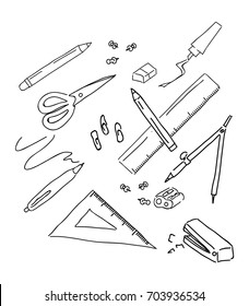 school items vector doodle set
outline illustrations of ruler, pencils, pen, stapler, scissors and etc