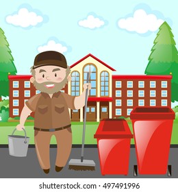 School Janitor In Brown Uniform Illustration