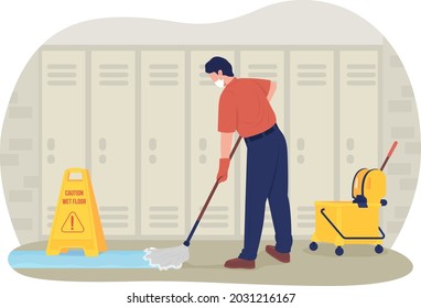 School janitor in the corridor 2D vector isolated illustration. Adult male cleaner mopping at school hallway flat characters on cartoon background. Coronovirus precaution colourful scene