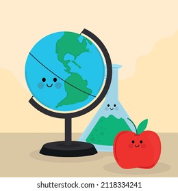 school kawaii cartoon map and apple