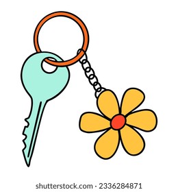 School key with keychain cartoon in doodle retro style. Back to school stationery element bold bright. Classic supplies for children education or office work. Fun vector illustration isolated on white