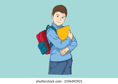 School kid with backpack. Boy getting ready for school.