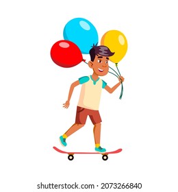 school kid boy with air balloon. holiday decoration. childhood anniversary. vector character flat cartoon Illustration
