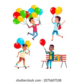 school kid boy with air balloon set. kid birthday party. happy little boy. childre play with balloon. summer holiday. vector character flat cartoon Illustration