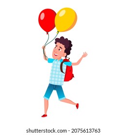 school kid boy with air balloon. party celebration. cute child. summer holiday. vector character flat cartoon Illustration