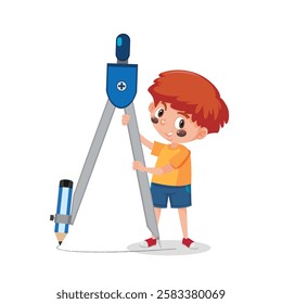 school kid boy holding geometric box blue color campass with blue color pencil in hand, dwawing on the paper