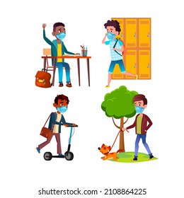 school kid boy wearing mask coronavirus student. pandemic child. elementary education. safety mask. happy kid. quarantine class. primary classroom. people vector illustration