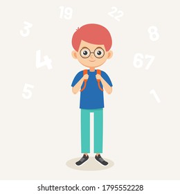School kid cartoon vector illustration. Little cute boy in glasses with backpack. 