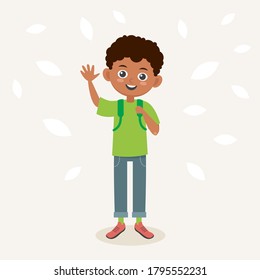 School kid cartoon vector illustration. Little cute boy with backpack. Smiling pupil