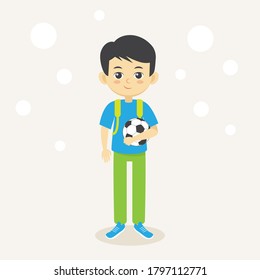 School kid cartoon vector illustration. Little cute boy with backpack and soccer ball. 
