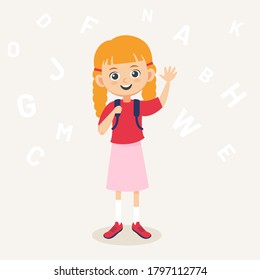 School kid cartoon vector illustration. Little cute girl with backpack. Smiling pupil