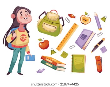 School kid children student pupil education supplies isolated on white background set. Vector design graphic element illustration