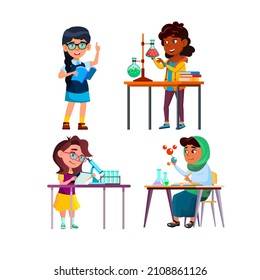 school kid girl scientist set school lab. science child. laboratory experiment. chemistry education. children study. young student. scientific test people vector illustration