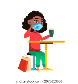 School Kid Girl Wearing Facial Mask In Cafe Vector. Schoolgirl Wear Protective Face Mask And Drinking Delicious Drink In Shopping Center Cafeteria. Character Virus Prevention Flat Cartoon Illustration