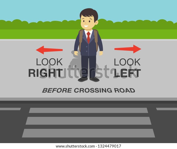 School kid is going to cross\
the road. Look right, look left safety rule. Flat vector\
illustration.