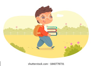 School kid going to study in autumn. Happy boy walking in park with books in hands. Learning and primary education vector illustration. Cute schoolchild in September with backpack.
