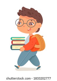 School kid going to study. Happy boy walking with books in hands. Learning and primary education vector illustration. Cute schoolchild with backpack.