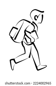 Kindersymbol. Zurück zum Schulzeichen. Junge Schüler, die Rucksack und Buch tragen. Einzige, handgezeichnete Vektorgrafik. 
