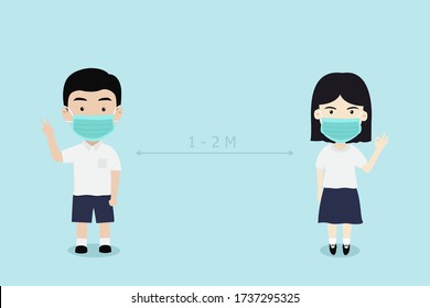 School kid keeping distance for infection risk disease. People wearing face mask for prevent virus. Social Distancing. Healthcare and disinfection concept