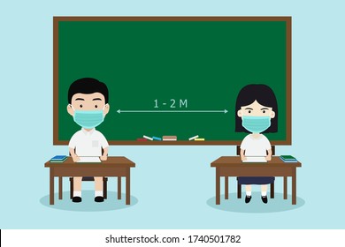 School kid keeping distance for infection risk disease. student wearing a surgical mask sitting on chair In the classroom. Social Distancing. Concept protection of corona virus or covid-19