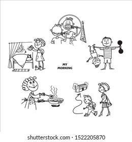 School kid line art coloring with morning activity. Theeth brushing, exercise, breakfast, wake up. 