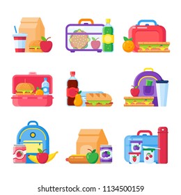 School Kid Lunch Box. Healthy And Nutritional Food Meals For Kids Breakfast In Lunchbox Plastic Fruit Bags Of Apples. Sandwich And Snacks Packed In Schoolkid Meal Break Bag Vector Isolated Icons Set