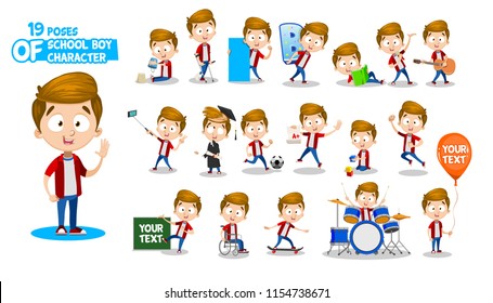 School kid in red shirt. Ready-to-use character set.Various poses and emotions: running, waving, presenting, studying, jumping, playing music. Full length, front,rear view isolated white background