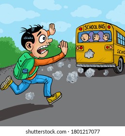 School Kid Running Chasing The Bus