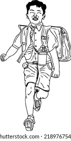 School Kid Running Vector, Sketch Drawing Of Indian Kid Running In School Dress, Indian School Child Running With School Bag And Holding Water Bottle Silhouette