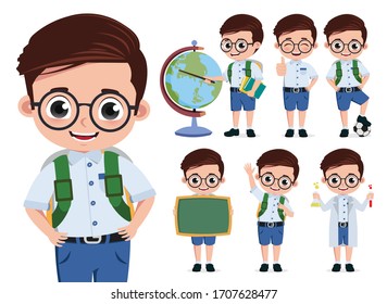 School kid student vector character set. Back to school cute boy student characters wearing eyeglasses and uniform doing educational activities isolated in white background. Vector illustration.  