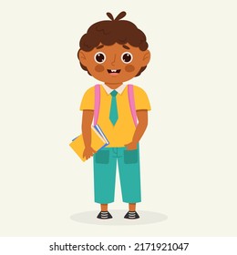 School kid with school supplies. Kid with backpack and book. Colorful cartoon character. Flat vector illustration.