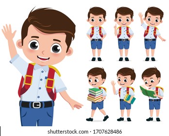 School kid vector character set. Back to school boy student characters wearing uniform while happy waving and reading book isolated in white background. Vector illustration.    