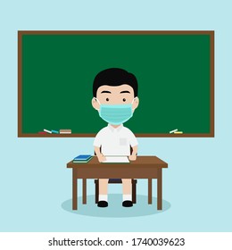 School kid wearing a surgical mask sitting on chair In the classroom.  boy character study in school class room. Concept protection of corona virus or covid-19