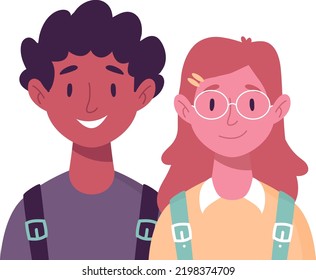 School kids avatars. Happy girl and boy with backpack go back to school. Flat vector illustration. Friendship with classmate. Primary and elementary school multinational students