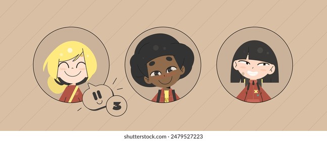 School Kids Avatars for UI Design. Cartoon Flat Character Style