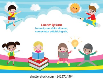 school kids, back to school, education concept, cartoon group happy children Template for advertising brochure, your text, child and frame Vector Illustration