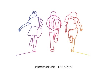 School kids with backpack run to school. Rainbow colours in linear vector illustration.