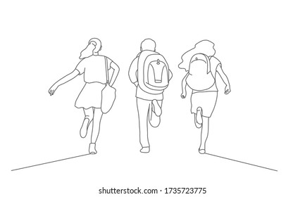 School kids with backpack run to school. Rear View. Line drawing vector illustration.