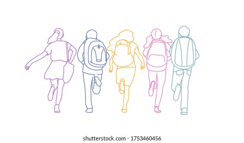 School kids with backpack run to school. Rear View. Rainbow colors in linear vector illustration.