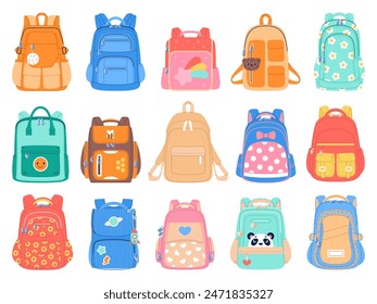 Mochilas para escolares. Lindos bolsos de estudiante, bolsos infantiles de colores, accesorios de tela infantil, niñas, Elementos de vuelta a la escuela, mochilas de los alumnos. Conjunto de Vector aislado de estilo plano de dibujos animados