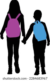 School kids with backpacks holding hands silhouette - vector
