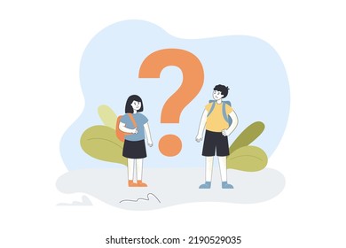 School kids with backpacks standing near big question mark. Searching for answer of tiny girl and boy flat vector illustration. Learning problem concept for banner, website design or landing web