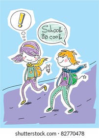 school kids with backpacks, vector hand drawn