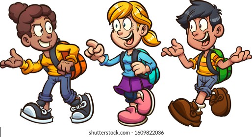 School kids with backpacks walking and talking cartoon. Vector clip art illustration with simple gradients. Some elements on separate layers.
