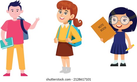 school kids. kids with school bags and notebook. vector of school boy and girls. illustrations and vector