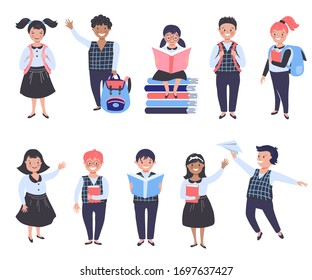 School kids with books and school backpacks. Vector illustration.